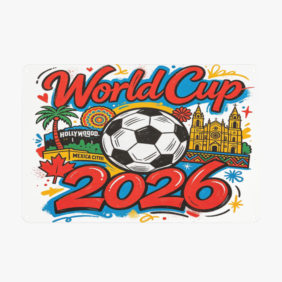 Vibrant cartoon graffiti 2026 FIFA World Cup metal tin sign, Hollywood Mexico City cathedral maple leaf football vintage iron wall art plaque