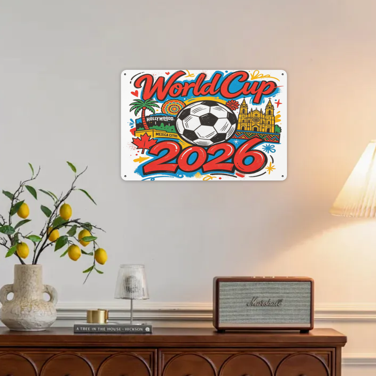 2026 World Cup landmark cartoon tin sign hung on living room wall, soccer fan themed home metal wall decor scene