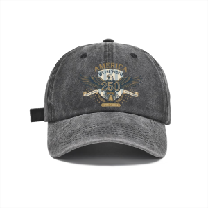 .Dark grey washed cap: Dark distressed wash cotton baseball cap with vintage spread eagle Liberty Bell USA 250 patriotic graphic