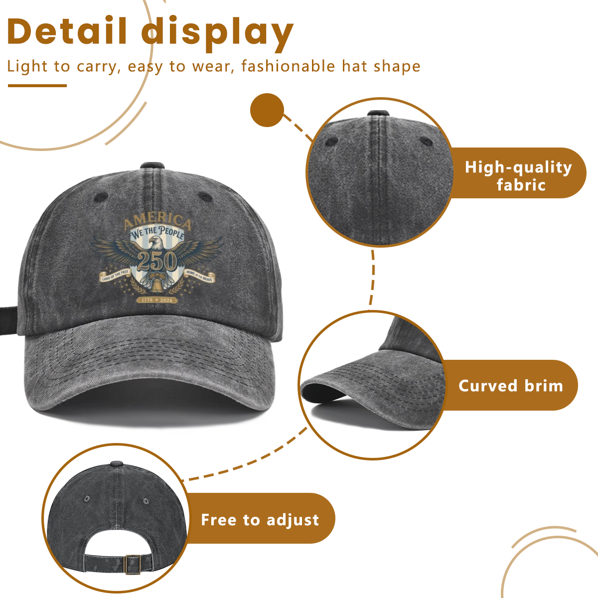 Detail infographic: Cap feature display: premium washed fabric, curved sun brim, rear adjustable buckle closure