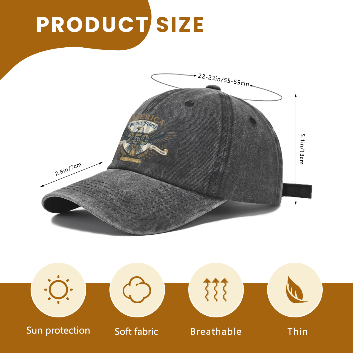 Size chart: USA 250 patriotic washed cap dimension info, head size 22-23in, breathable sun-protection cotton