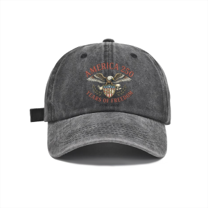 Dark grey washed casual cap with USA 250 eagle shield vintage front logo.