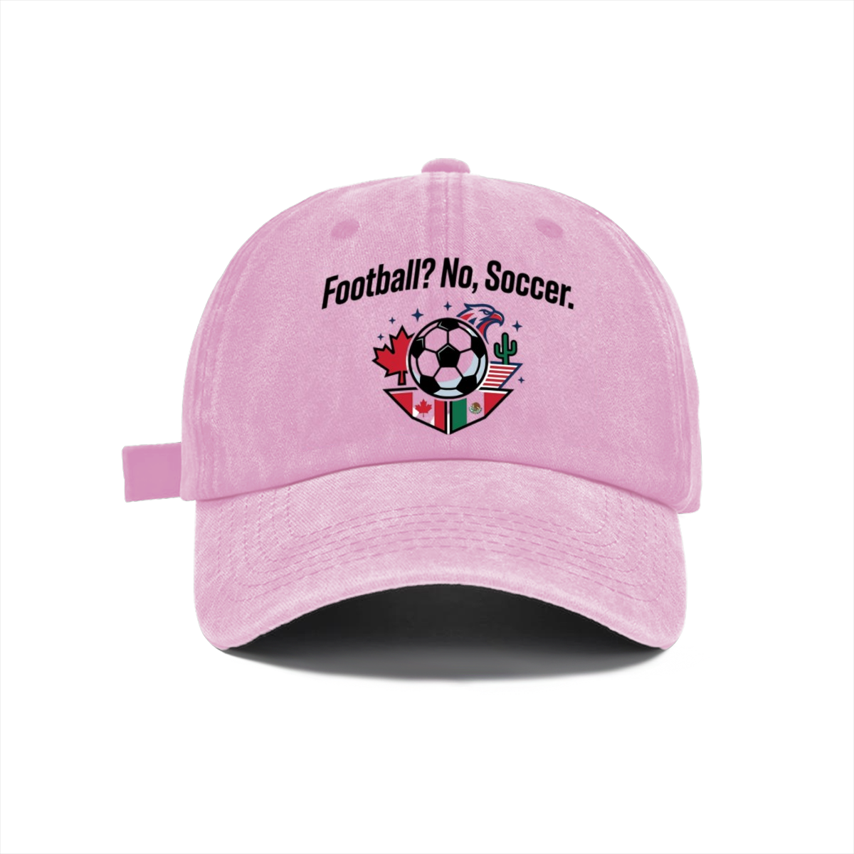 Washed pink adjustable soccer dad hat, USA Canada Mexico World Cup host nations football graphic printed cap