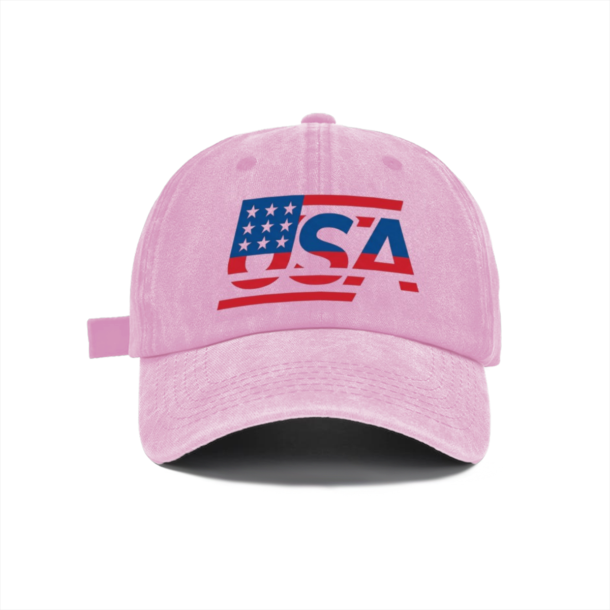 Soft light pink distressed cotton cap, bold USA cutout flag graphic semiquincentennial patriotic casual sun hat