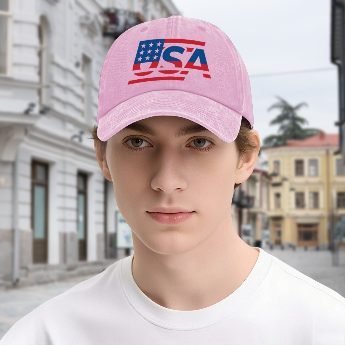 Male model wearing light pink USA flag vintage washed baseball cap, casual street patriotic outfit for America’s 250th anniversary