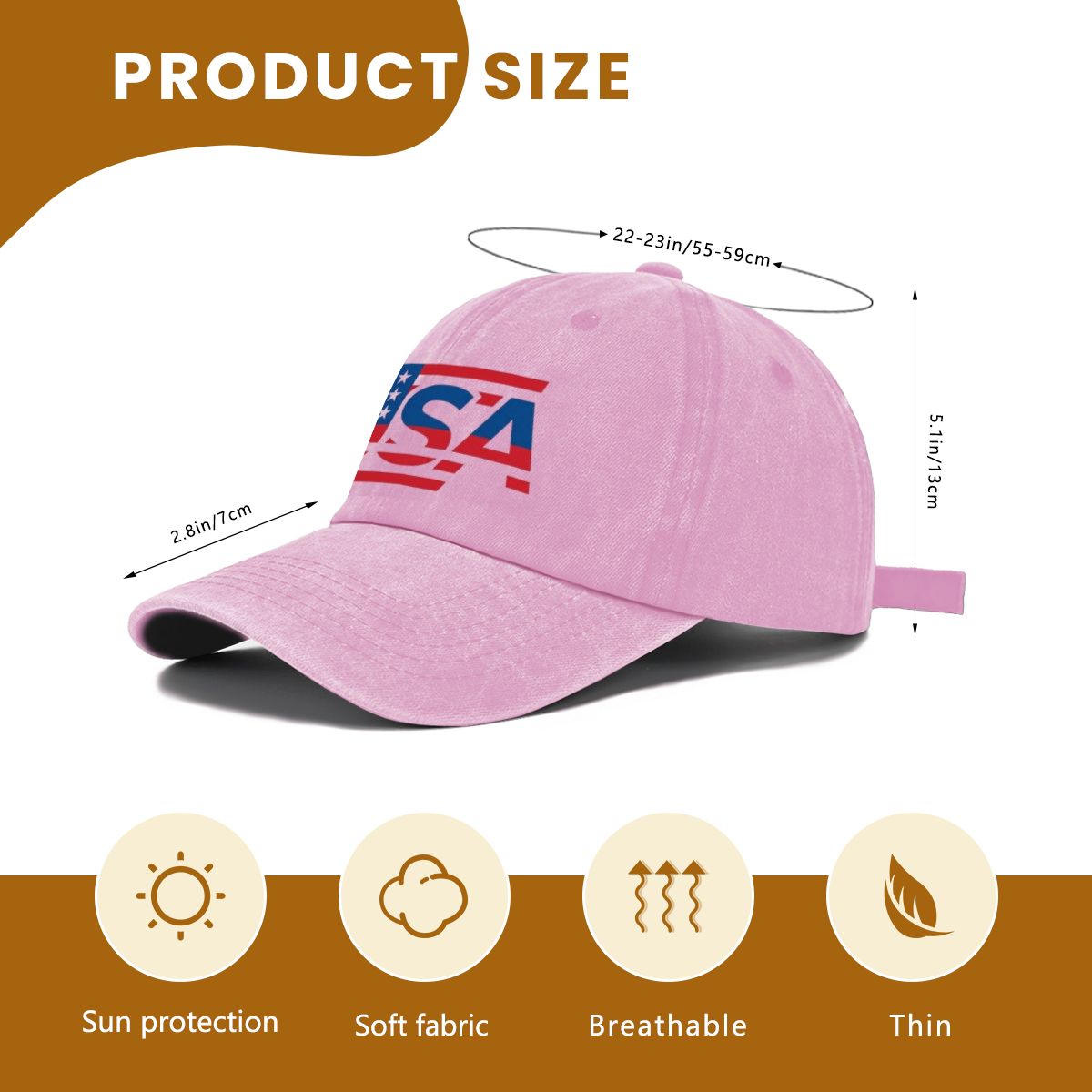 Size chart of 250 years USA vintage dad hat, adjustable 55-59cm head circumference, lightweight sun protection cotton patriotic cap