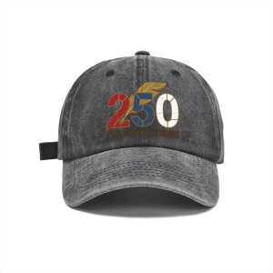 Dark gray distressed washed denim baseball cap, retro quill pen 250 Years Strong USA founding patriotic graphic casual sun hat