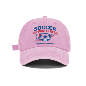 Front view of the light pink washed baseball cap with the "Soccer Supporter Gear" print.