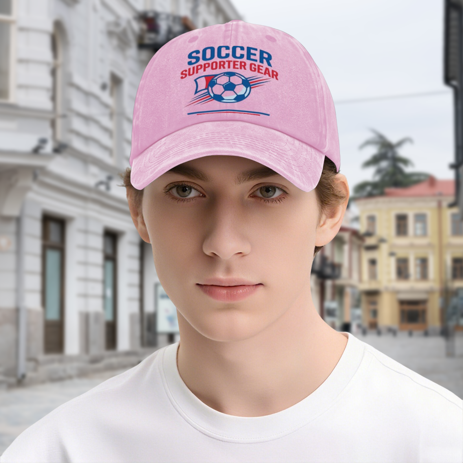 Lifestyle shot of the light pink "Soccer Supporter Gear" cap worn outdoors on a city street.