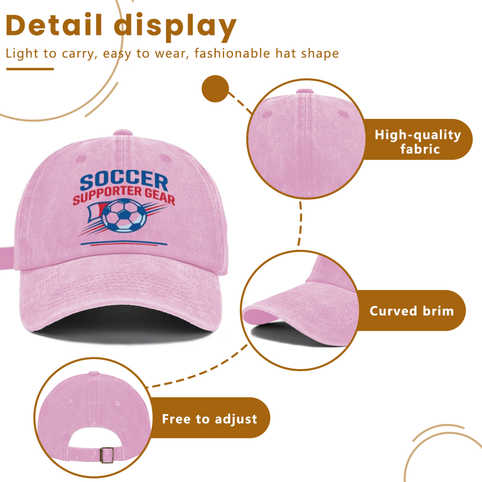 Detail infographic of the pink soccer hat, highlighting high-quality fabric, curved brim, and adjustable back strap.