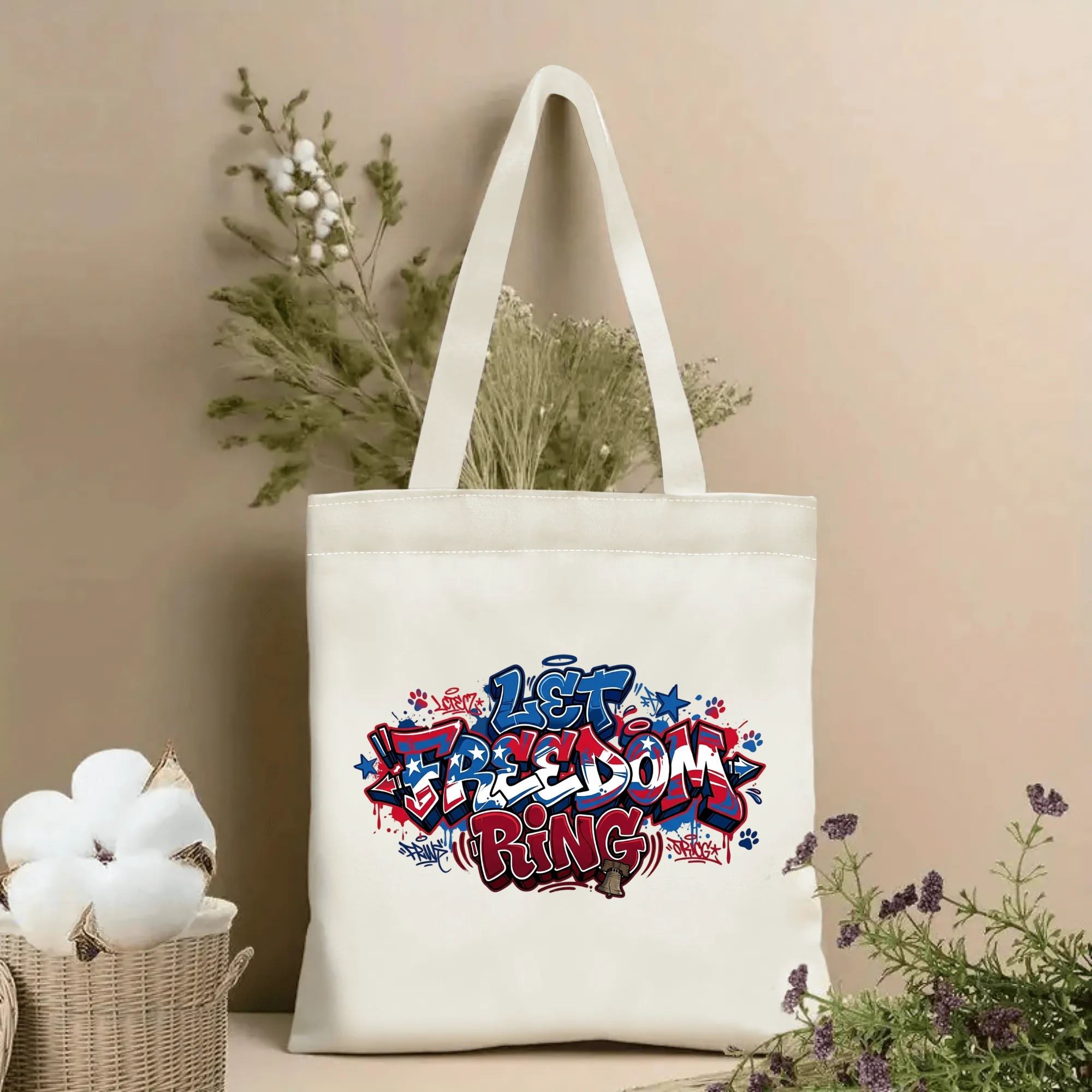 Natural canvas tote bag with red-blue USA flag graffiti Let Freedom Ring print, farmhouse floral home decor display
