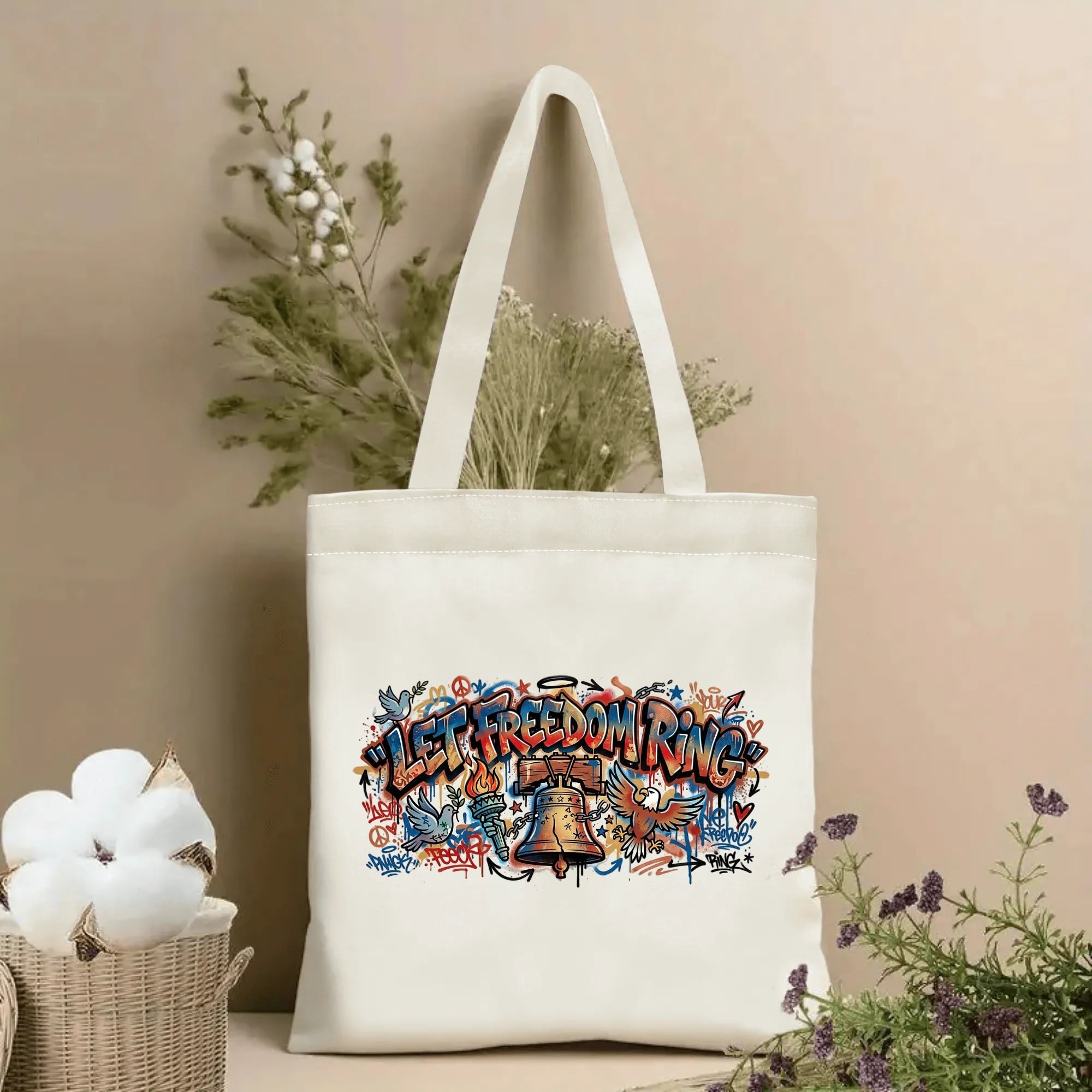 Natural canvas tote bag with full-color street graffiti Let Freedom Ring design featuring Liberty Bell, bald eagle & peace dove, farmhouse floral backdrop display