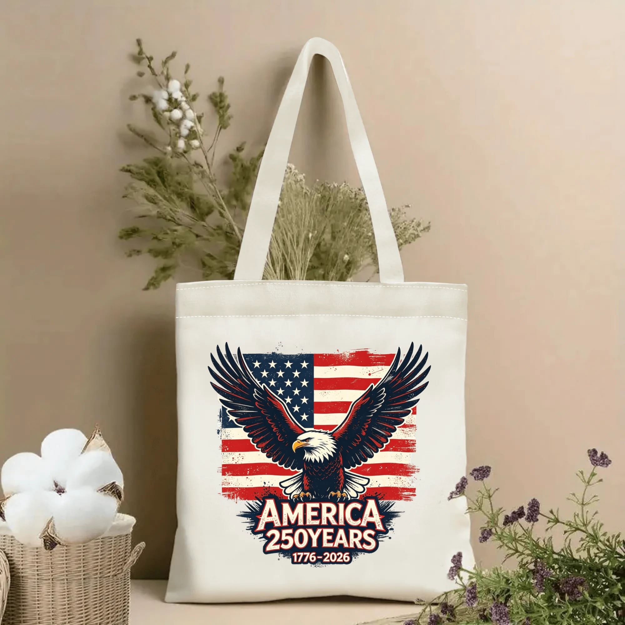 Beige canvas tote bag with vintage grunge bald eagle US flag America 250 Years patriotic front print, home decorative patriotic handbag