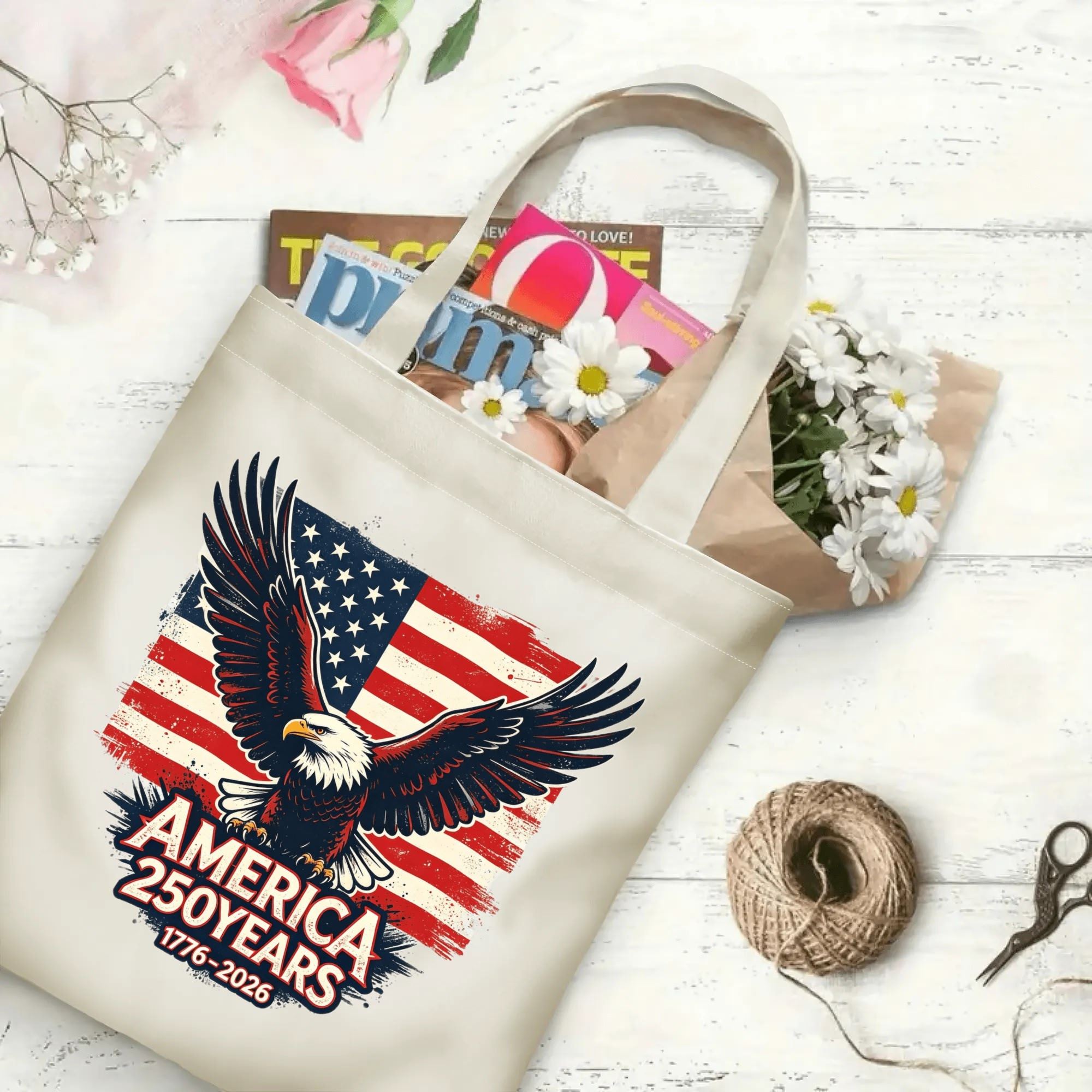 Printed patriotic eagle flag canvas tote filled with magazines and fresh flowers, eco friendly daily carry shopping bag