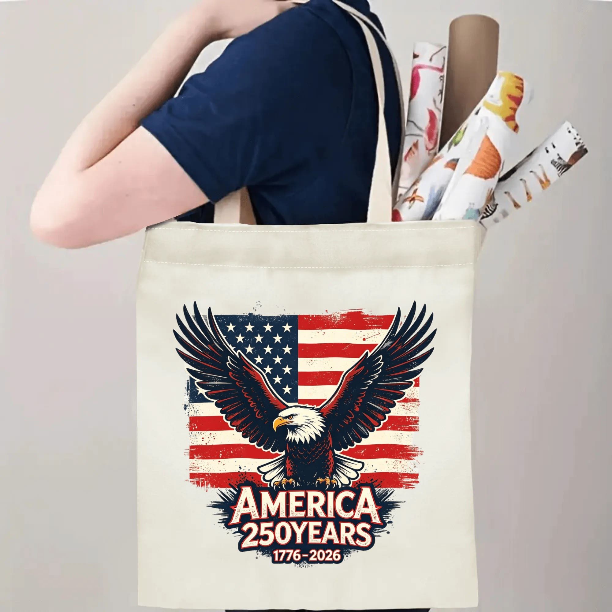 Person carrying vintage eagle USA flag print canvas tote bag, patriotic casual reusable shoulder bag for daily errands