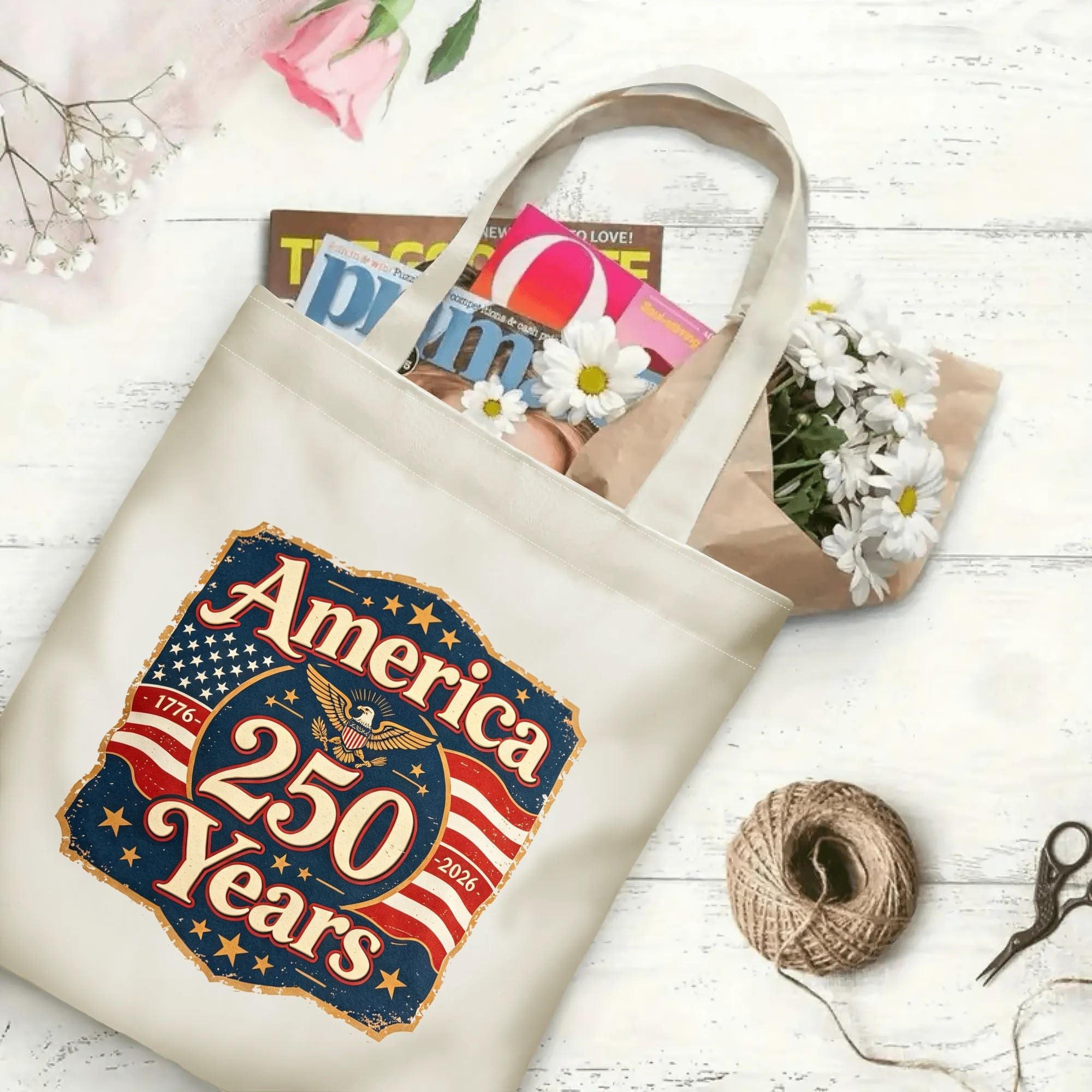 Open tote bag filled with books and flowers, demonstrating spacious interior