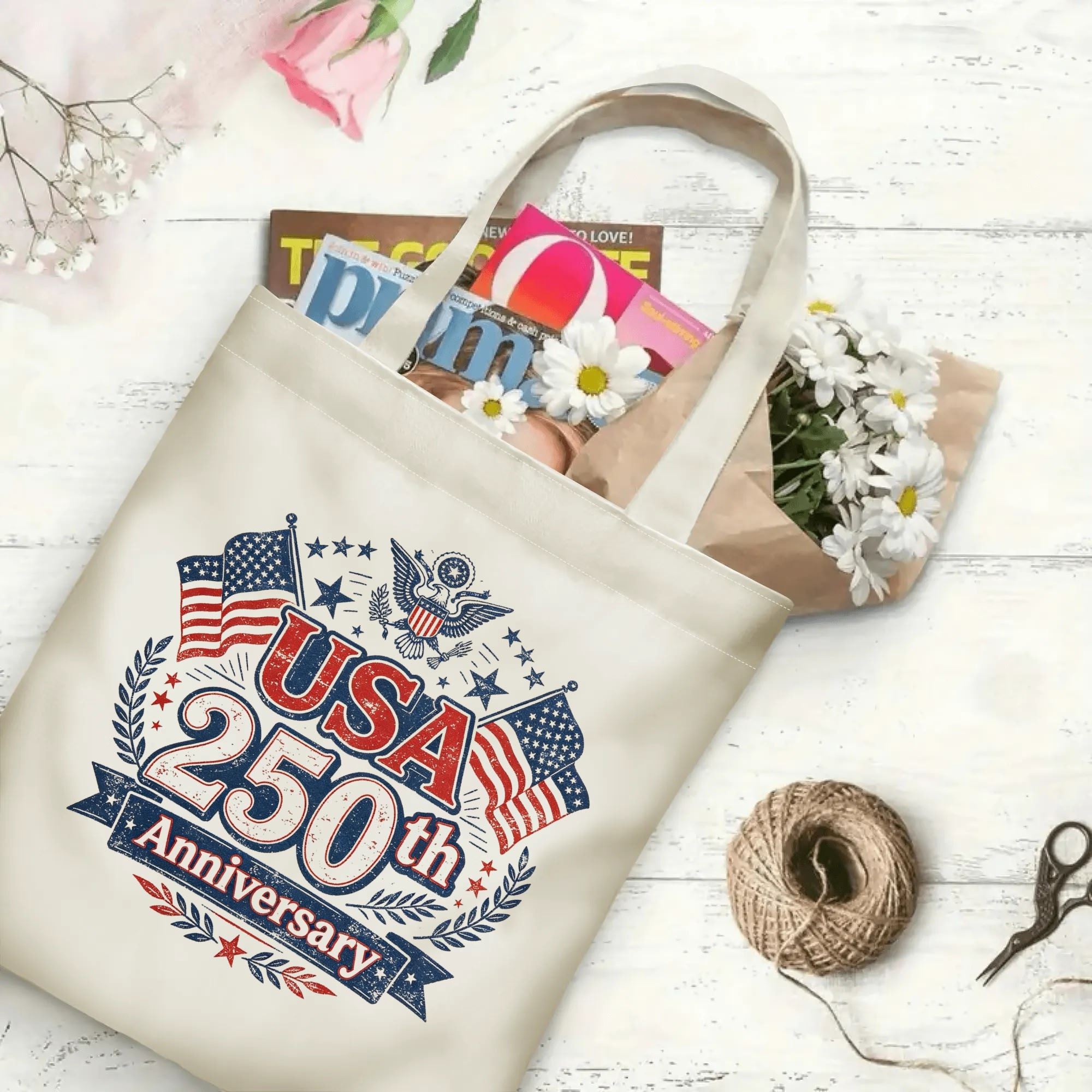 Open “USA 250th Anniversary” tote bag filled with books and flowers, showcasing the spacious interior and full print design