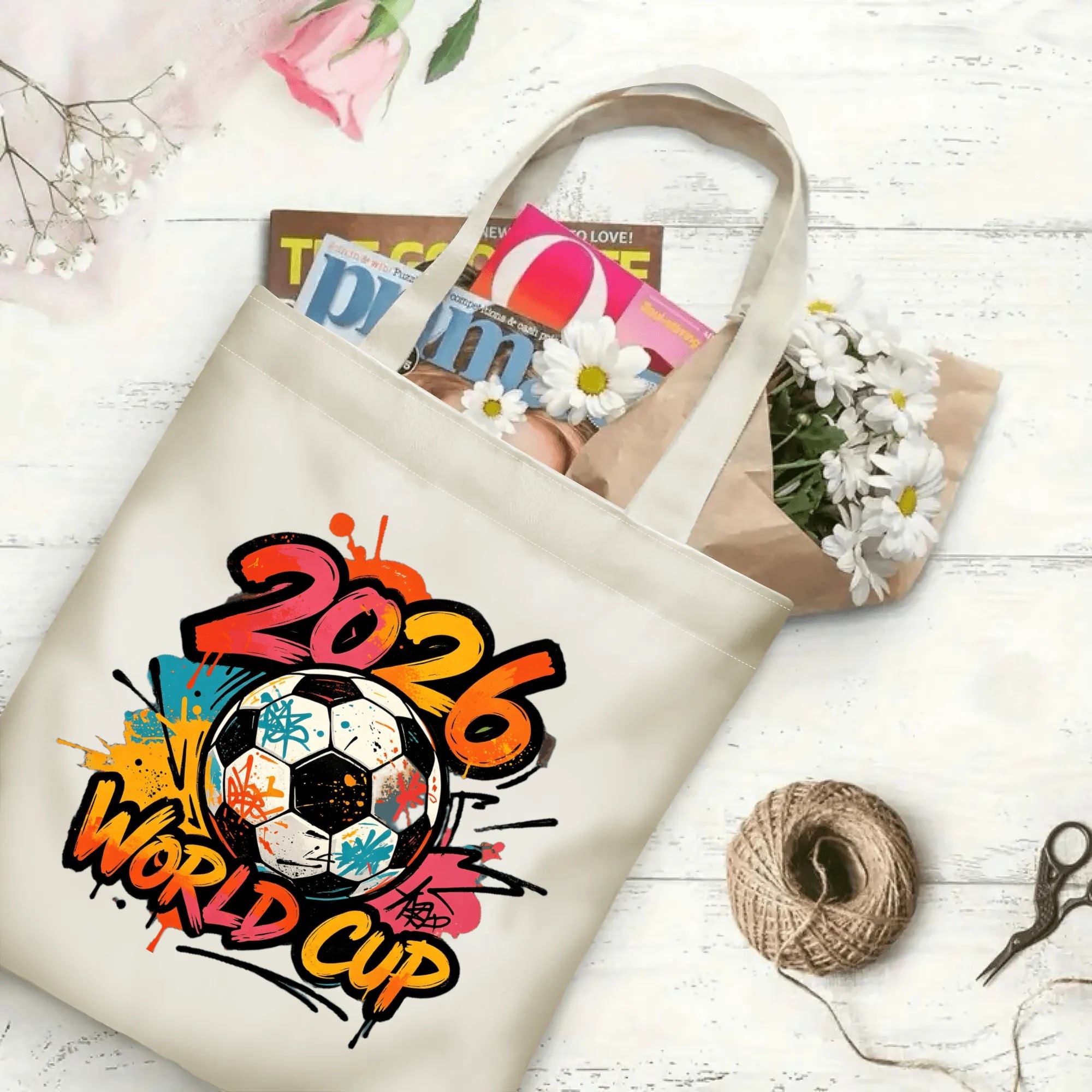 The tote bag in use, filled with books and flowers, showing the “2026 World Cup” print in a casual setting.