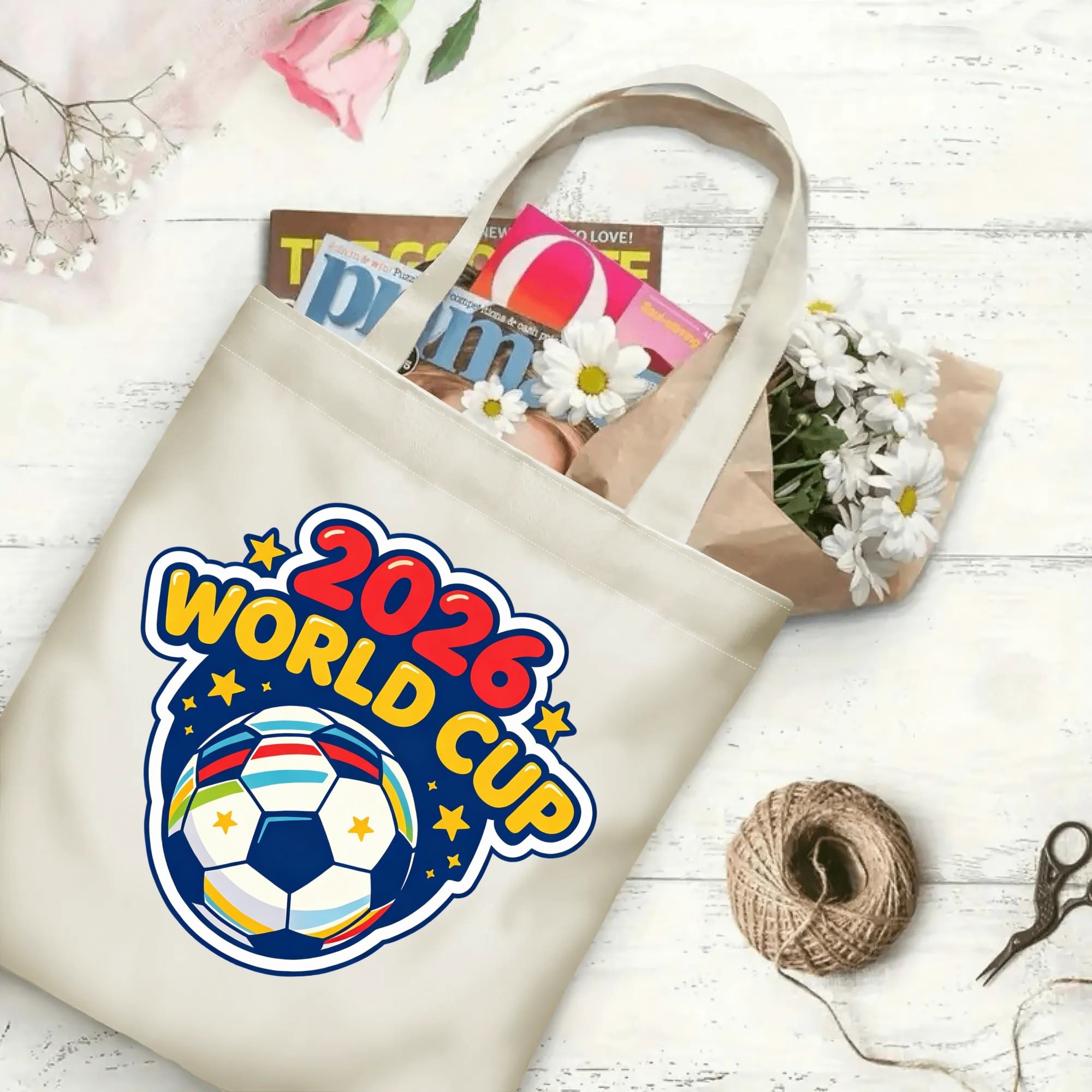 The tote bag in use, filled with books and flowers, showing the “2026 World Cup” print in a casual setting.