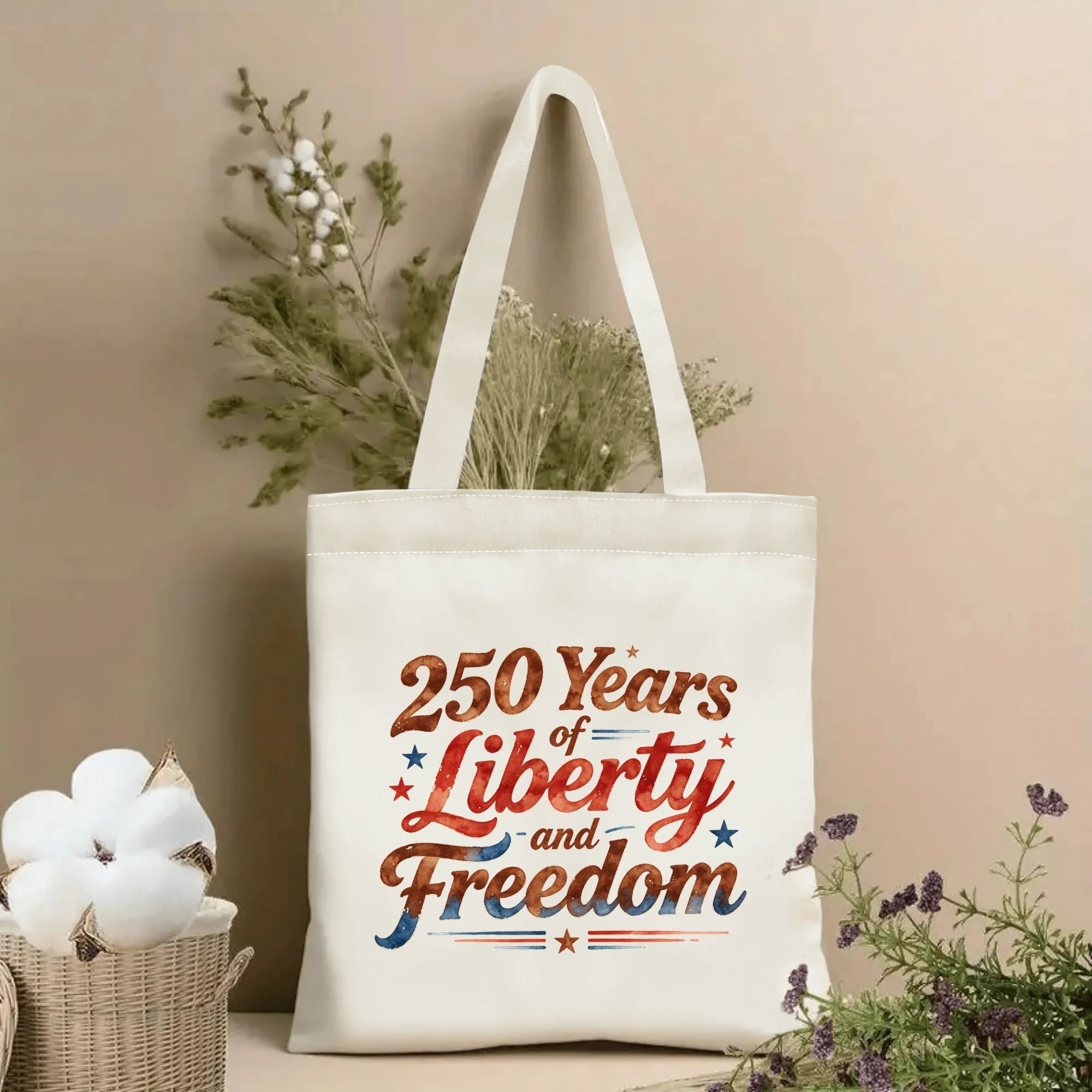 Lifestyle shot of the tote bag with the "250 Years of Liberty and Freedom" watercolor-style print, placed on a table with dried flowers.
