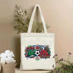 2026 North America World Cup graffiti print canvas tote bag, USA Canada Mexico host nation symbols eco cotton fan shoulder bag indoor decor shot