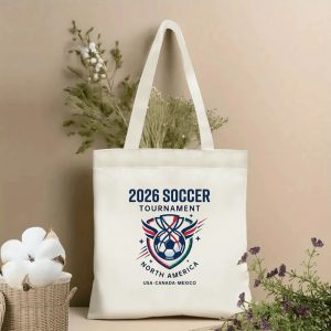 2026 World Cup winged trophy soccer crest printed polyester canvas tote bag, three joint host patriotic fan eco shoulder bag indoor wall decor photo