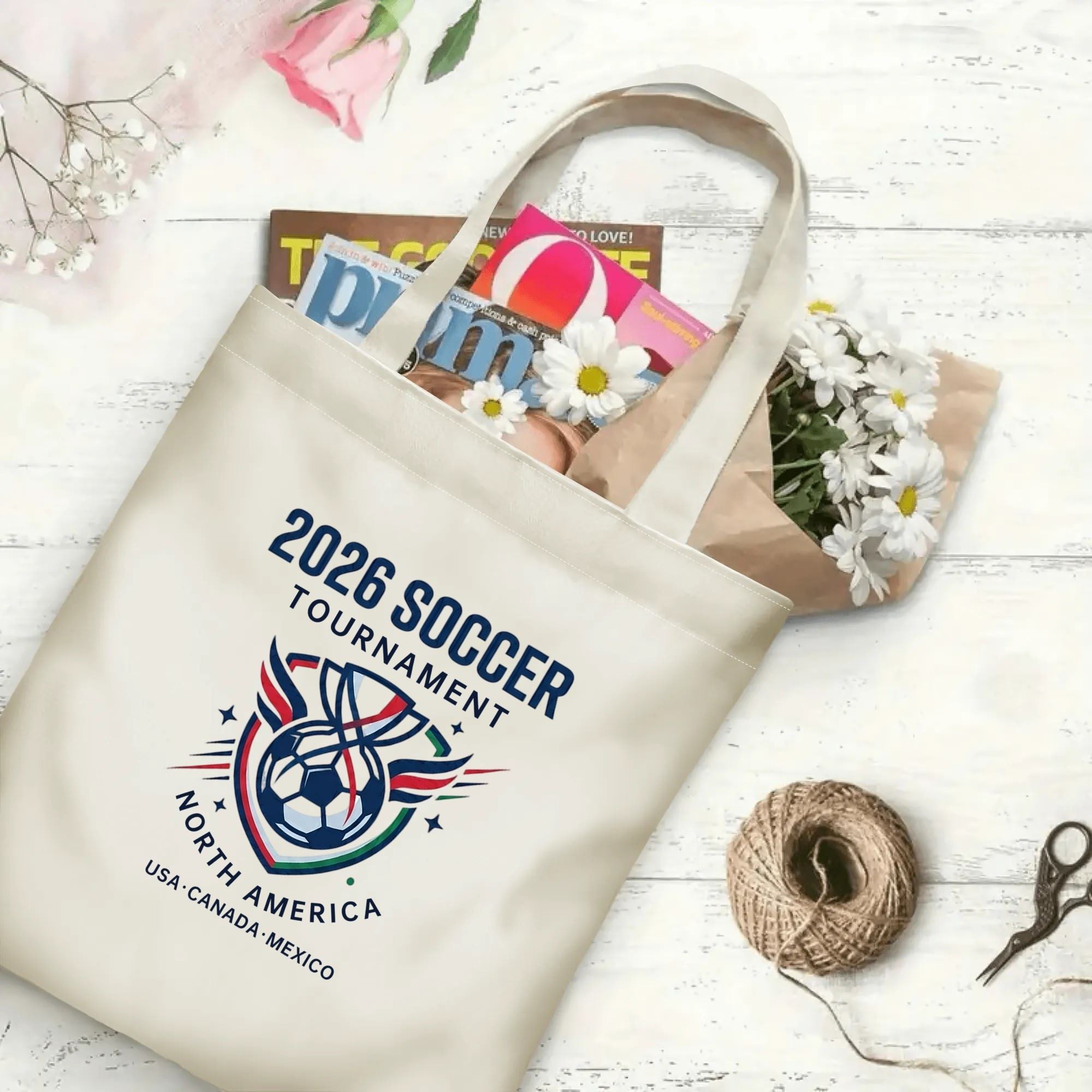 2026 Soccer Tournament vintage shield emblem canvas tote bag flat laid with magazines, daisies and twine, reusable sport fan daily shopping bag