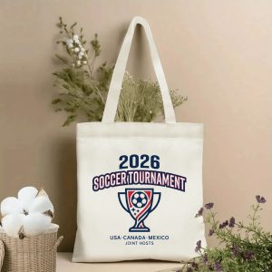 2026 World Cup retro championship trophy badge print polyester canvas tote bag, three joint host football fan eco shoulder bag indoor wall styling photo