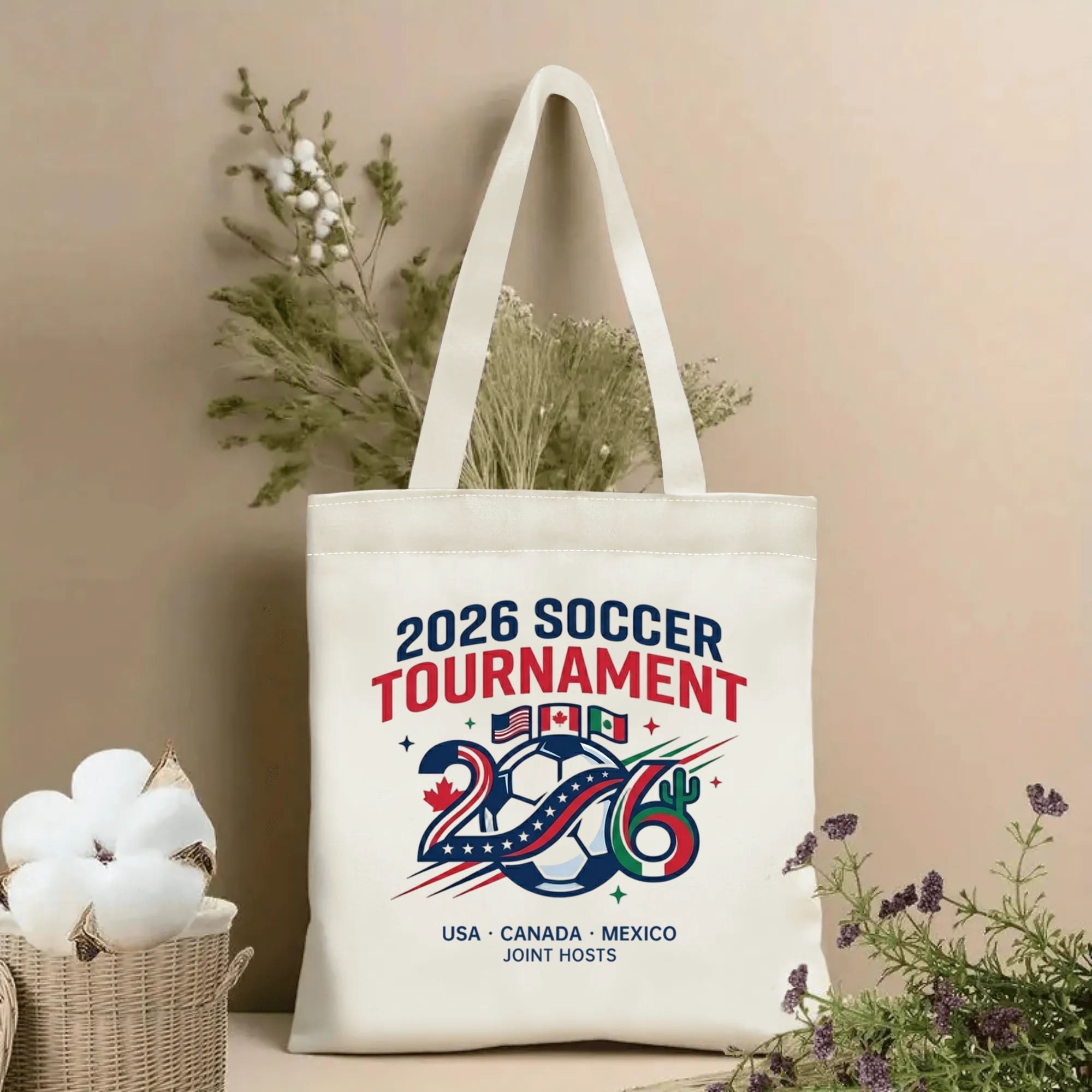 2026 World Cup 2026 number three-flag soccer print canvas tote bag, minimalist patriotic fan eco shoulder bag indoor wall photo
