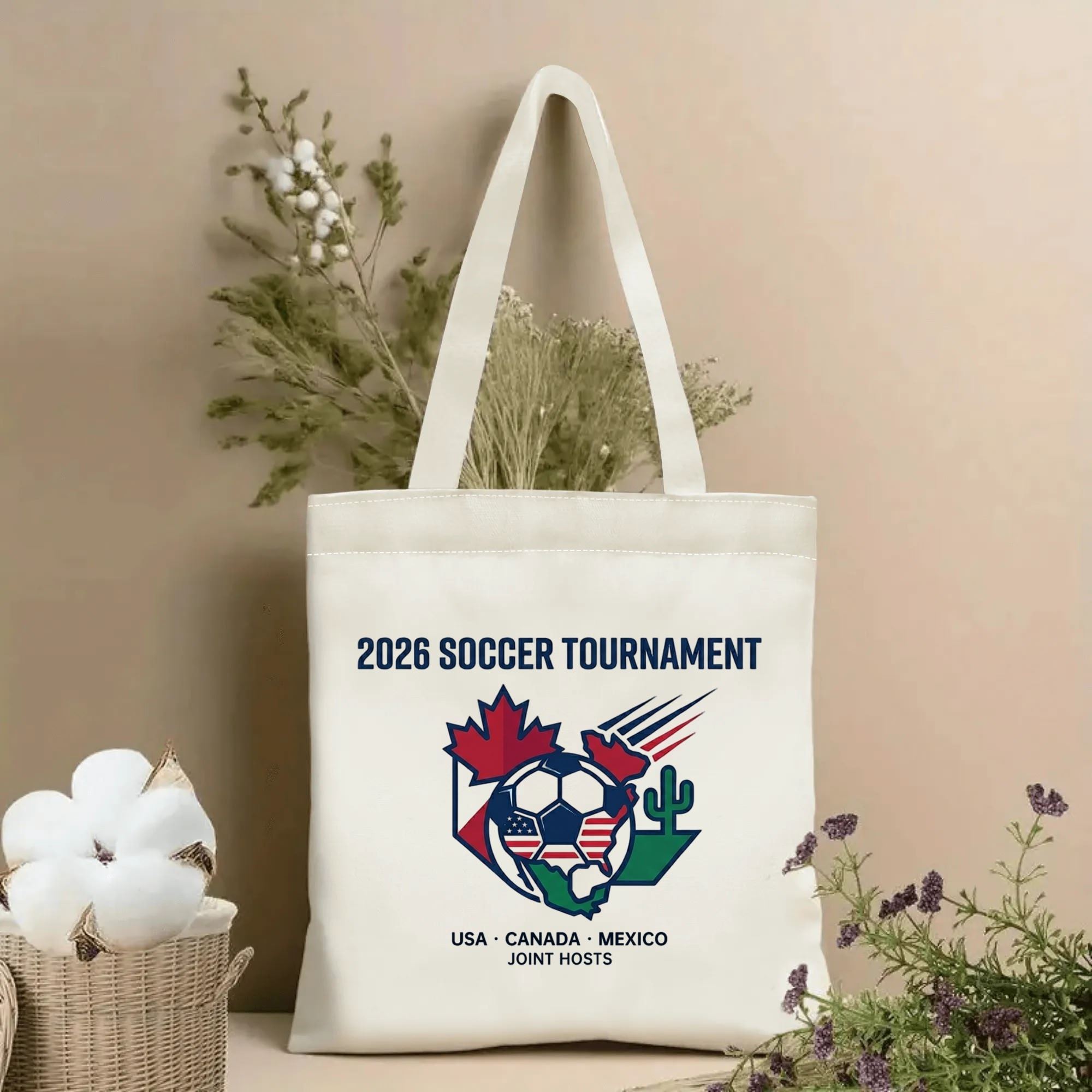 2026 World Cup minimalist maple cactus soccer crest print canvas tote bag, simple three-host patriotic fan eco shoulder bag indoor wall photo