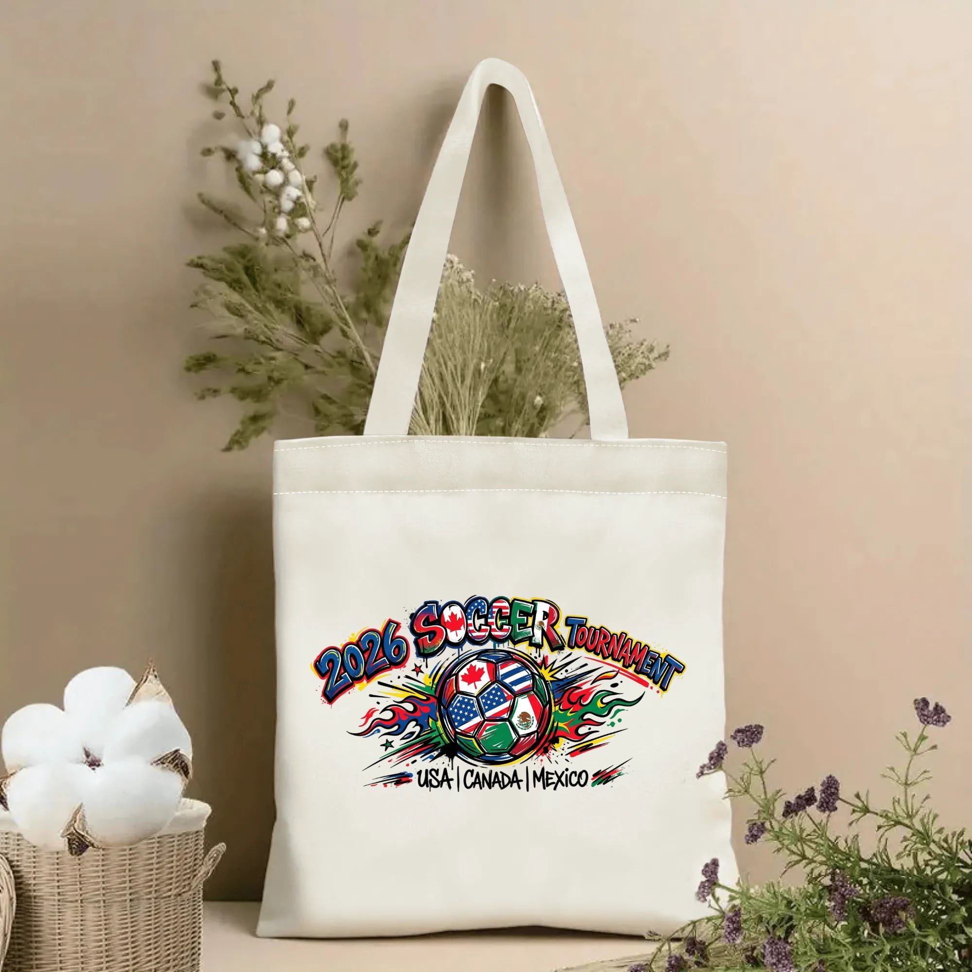 2026 World Cup flame graffiti three host country flag soccer ball print polyester canvas tote bag, trendy street art football fan eco shoulder bag indoor wall styling photo