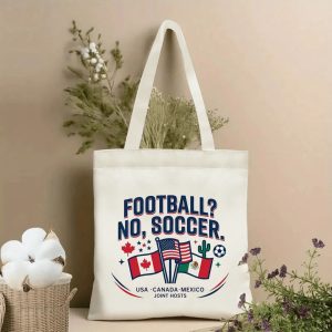 2026 World Cup "Football? No, Soccer" three national flag print canvas tote bag, patriotic funny fan eco shoulder bag indoor wall photo