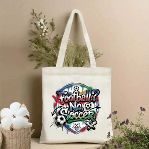 2026 World Cup funny Football No Soccer drip graffiti print polyester canvas tote bag, humorous soccer fan eco shoulder bag indoor decor photo