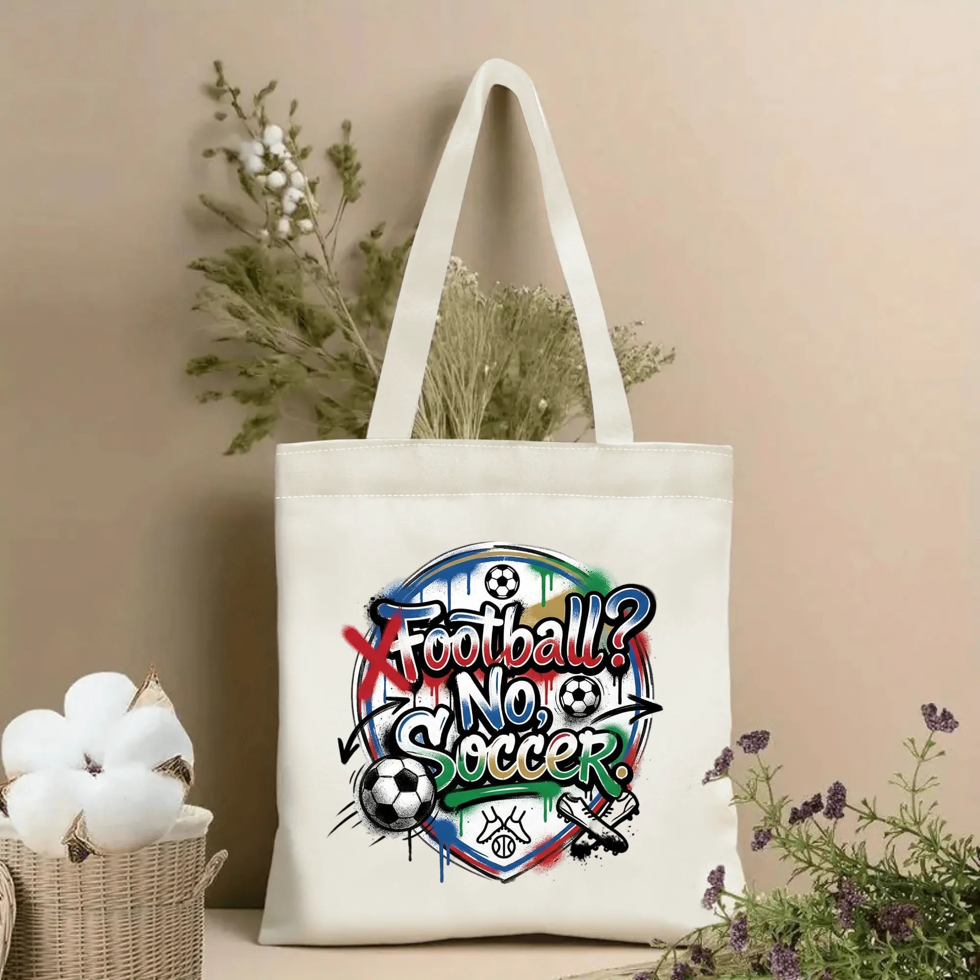 2026 World Cup funny Football No Soccer drip graffiti print polyester canvas tote bag, humorous soccer fan eco shoulder bag indoor decor photo