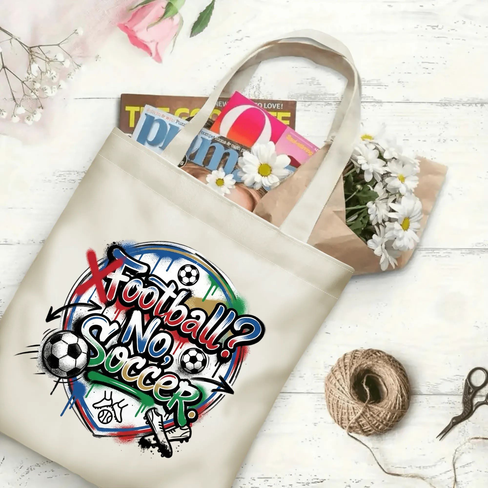 2026 football tournament comic street art polyester canvas tote bag flat laid with magazines, daisies and twine, reusable funny fan daily shopping bag