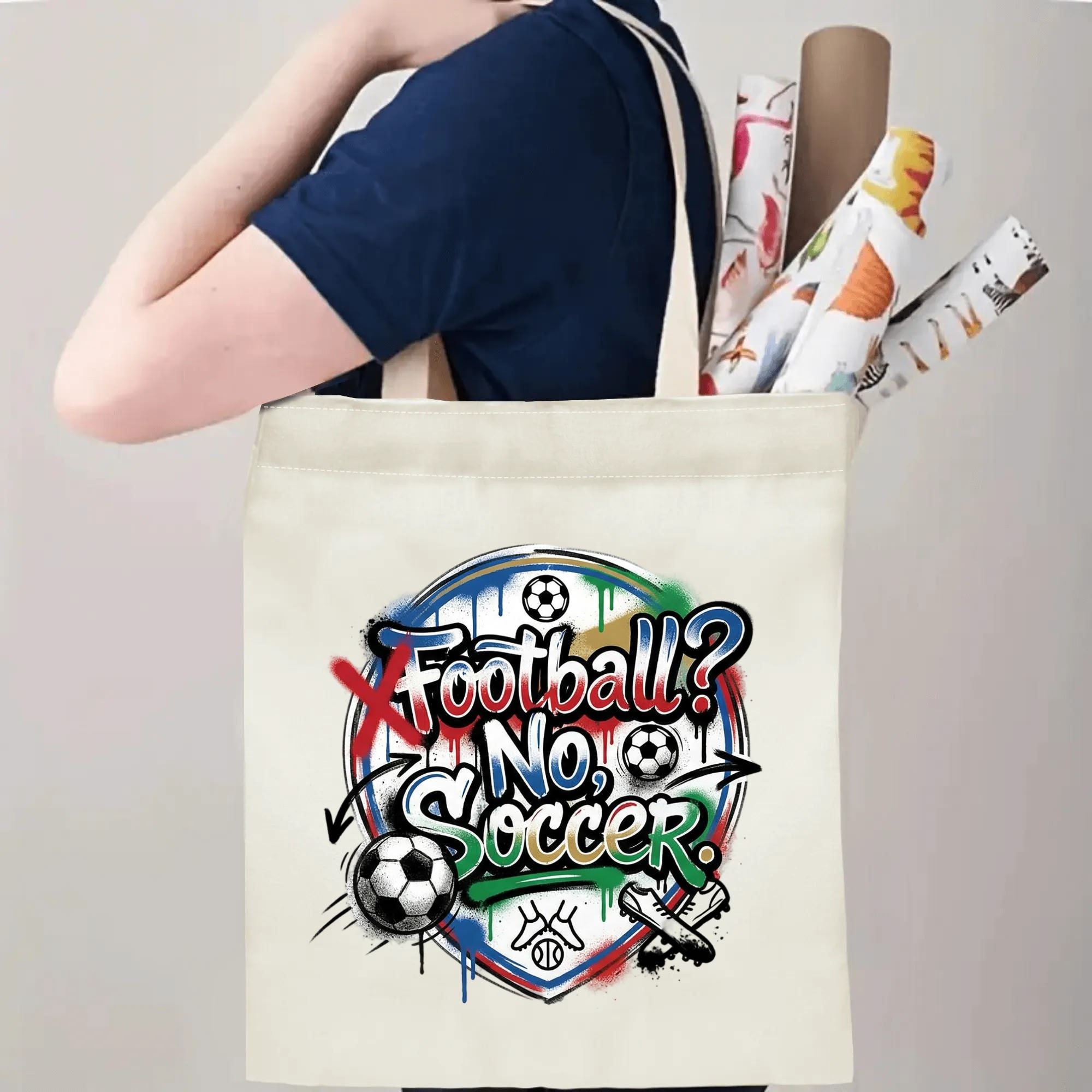 Person carrying 2026 World Cup funny quote graffiti polyester canvas tote bag over shoulder, large capacity humorous football supporter carry bag for match day trips