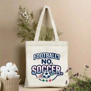 "Football? No, Soccer" vintage varsity soccer print canvas tote bag, minimalist three-host fan eco shoulder bag indoor wall photo