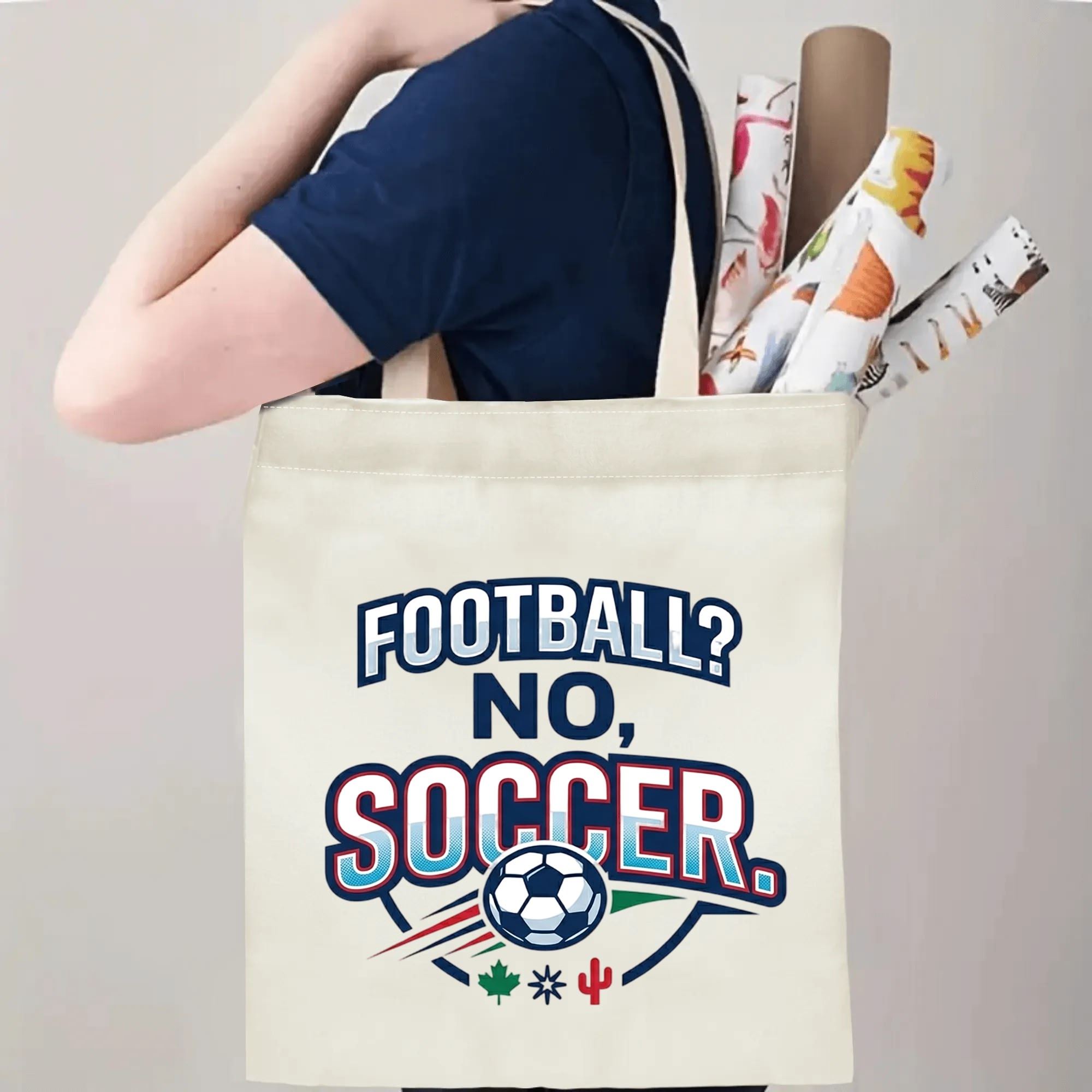 Person slinging retro soccer slogan canvas tote bag over shoulder, large capacity humorous football fan carry bag for stadium trips