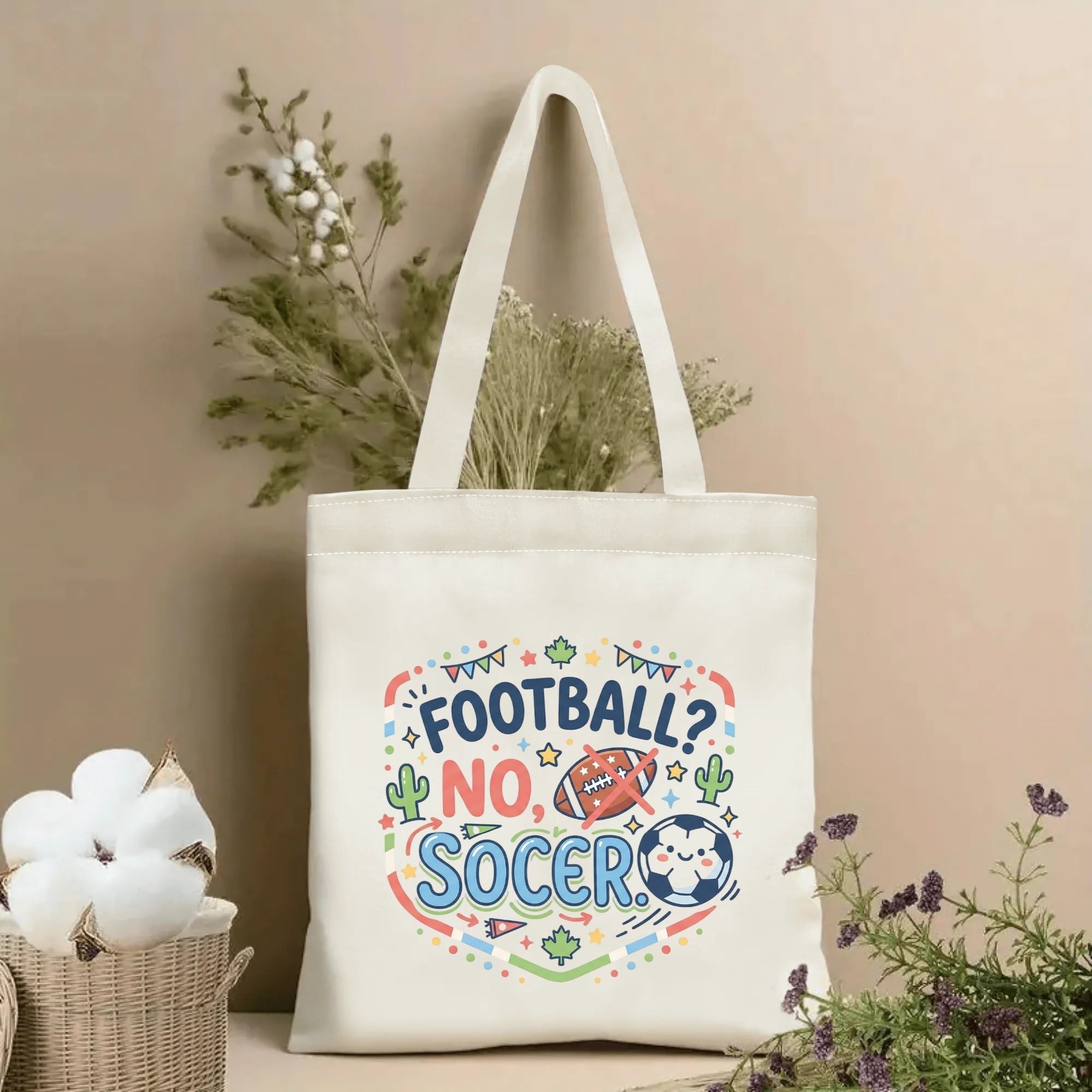 2026 World Cup cute doodle Football No Soccer round frame print polyester canvas tote bag, kawaii funny soccer fan eco shoulder bag indoor wall styling photo