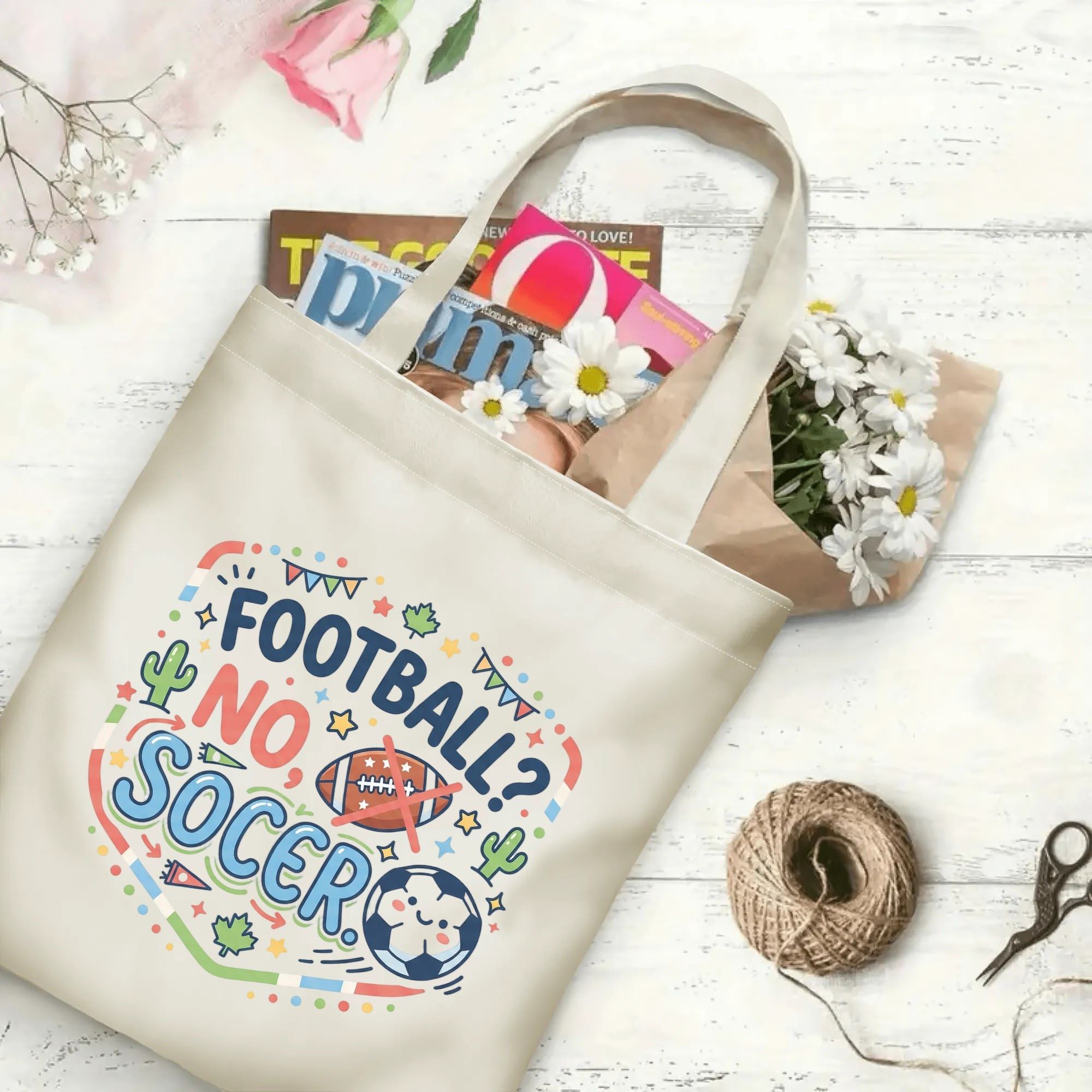 2026 football tournament pastel cartoon cactus maple leaf polyester canvas tote bag flat laid with magazines, daisies and twine, reusable cute fan daily shopping bag