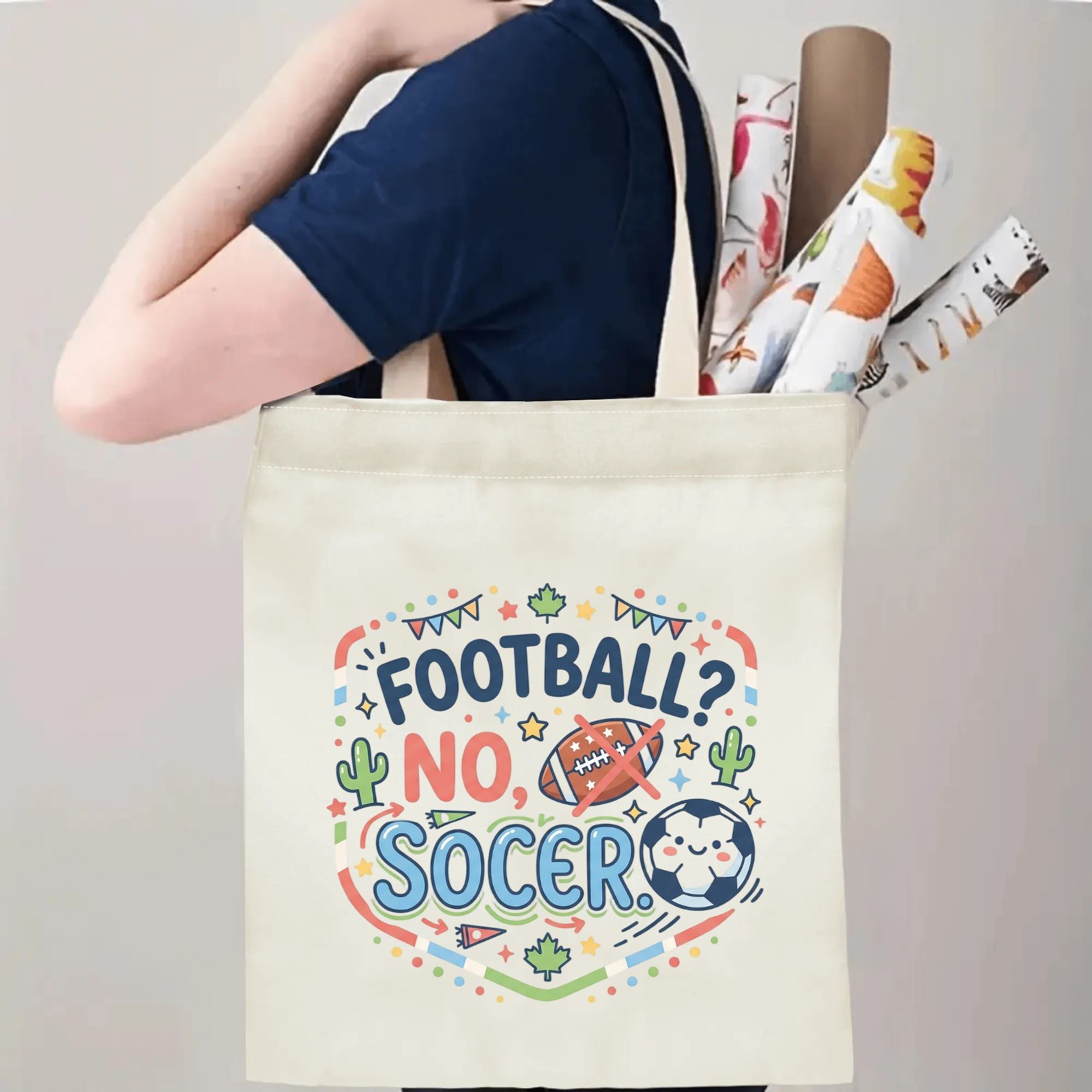 Person slinging 2026 World Cup funny debate quote doodle polyester canvas tote bag over shoulder, large capacity kawaii football supporter carry bag for stadium outings