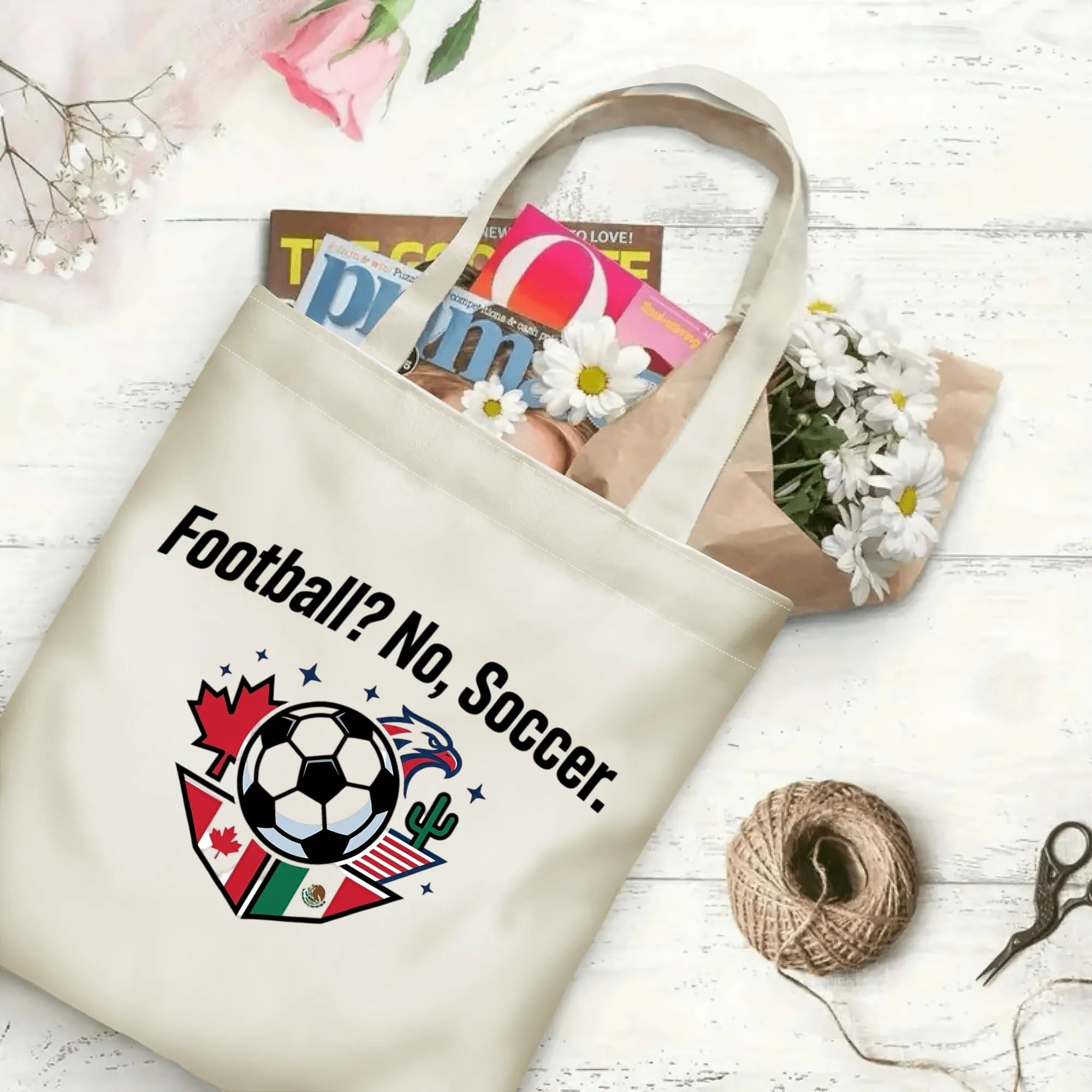 2026 World Cup "Football? No, Soccer" eagle maple cactus shield print canvas tote bag, three joint-host patriotic fan eco shoulder bag indoor wall decor photo