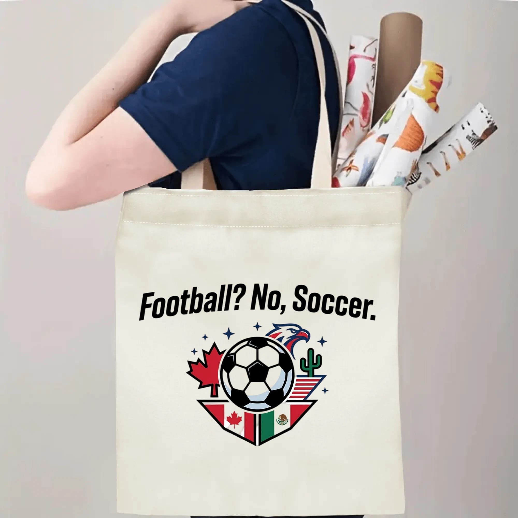 2026 World Cup "Football? No, Soccer" eagle maple cactus shield print canvas tote bag, three joint-host patriotic fan eco shoulder bag indoor wall decor photo