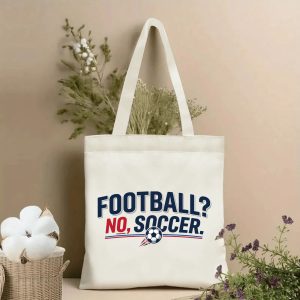 2026 World Cup minimal "Football? No, Soccer" varsity soccer print canvas tote bag, simple funny fan eco shoulder bag indoor wall photo