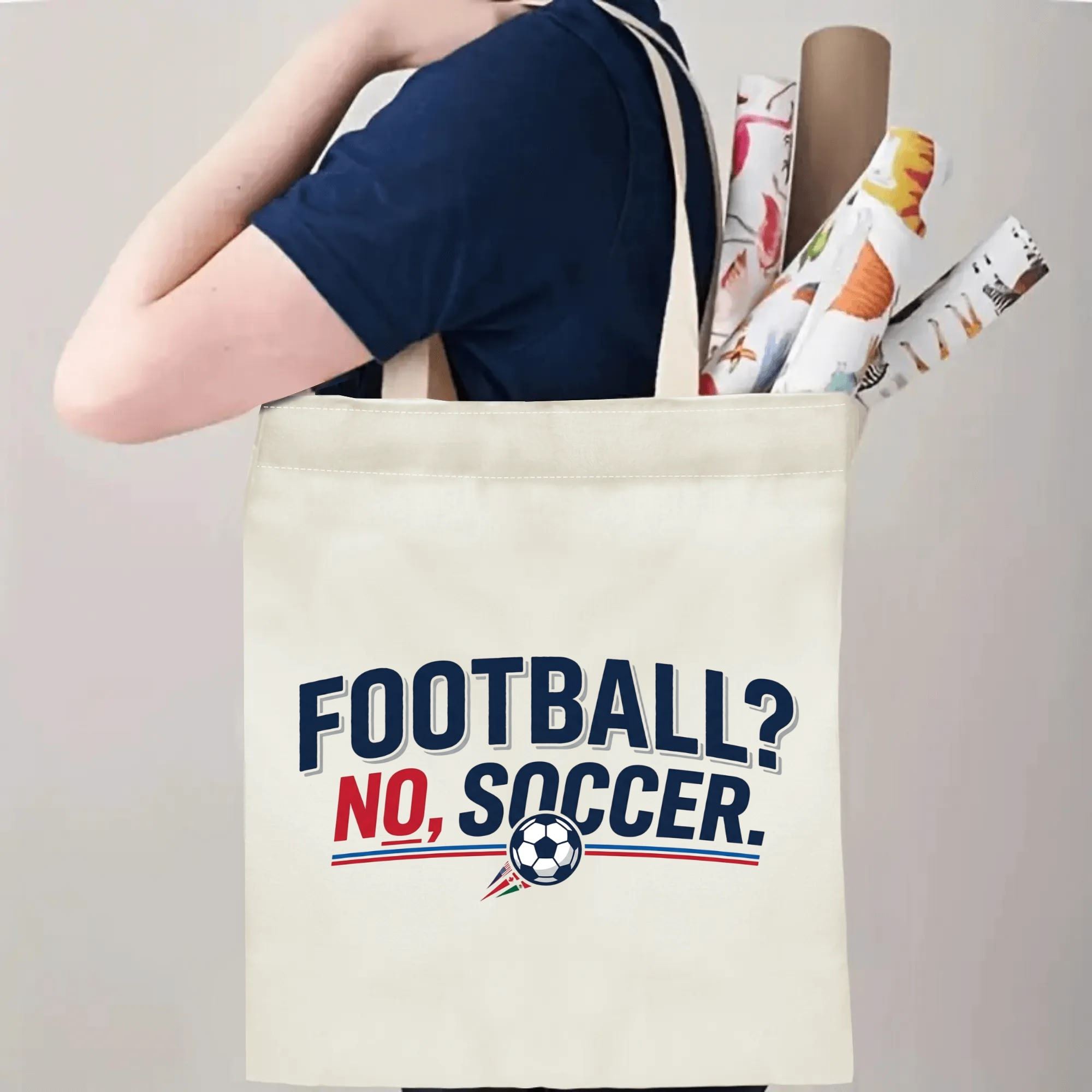 Person slinging plain retro soccer quote canvas tote bag over shoulder, large capacity low-key football fan carry bag for stadium trips
