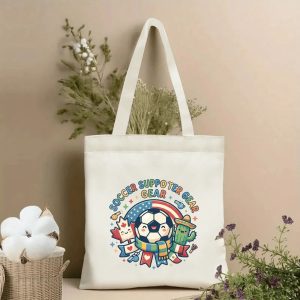 2026 World Cup cute cartoon soccer supporter gear print canvas tote bag, three-host kawaii fan eco shoulder bag indoor wall photo