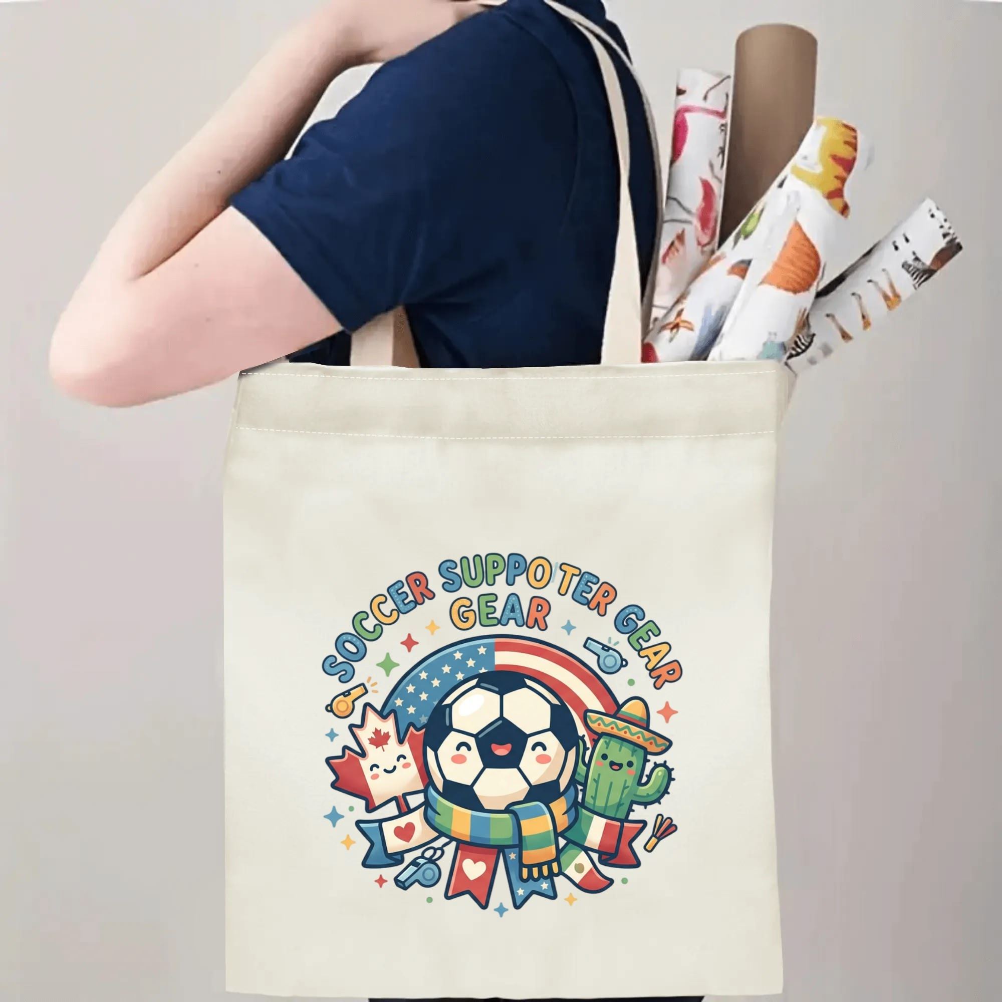 Person slinging kawaii cartoon soccer mascot canvas tote bag over shoulder, large capacity playful football fan carry bag for stadium outings