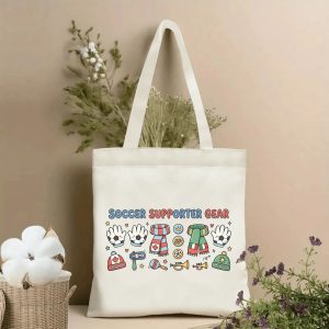 2026 World Cup cute doodle soccer supporter gear print polyester canvas tote bag, kawaii three host country fan accessory eco shoulder bag indoor wall styling photo