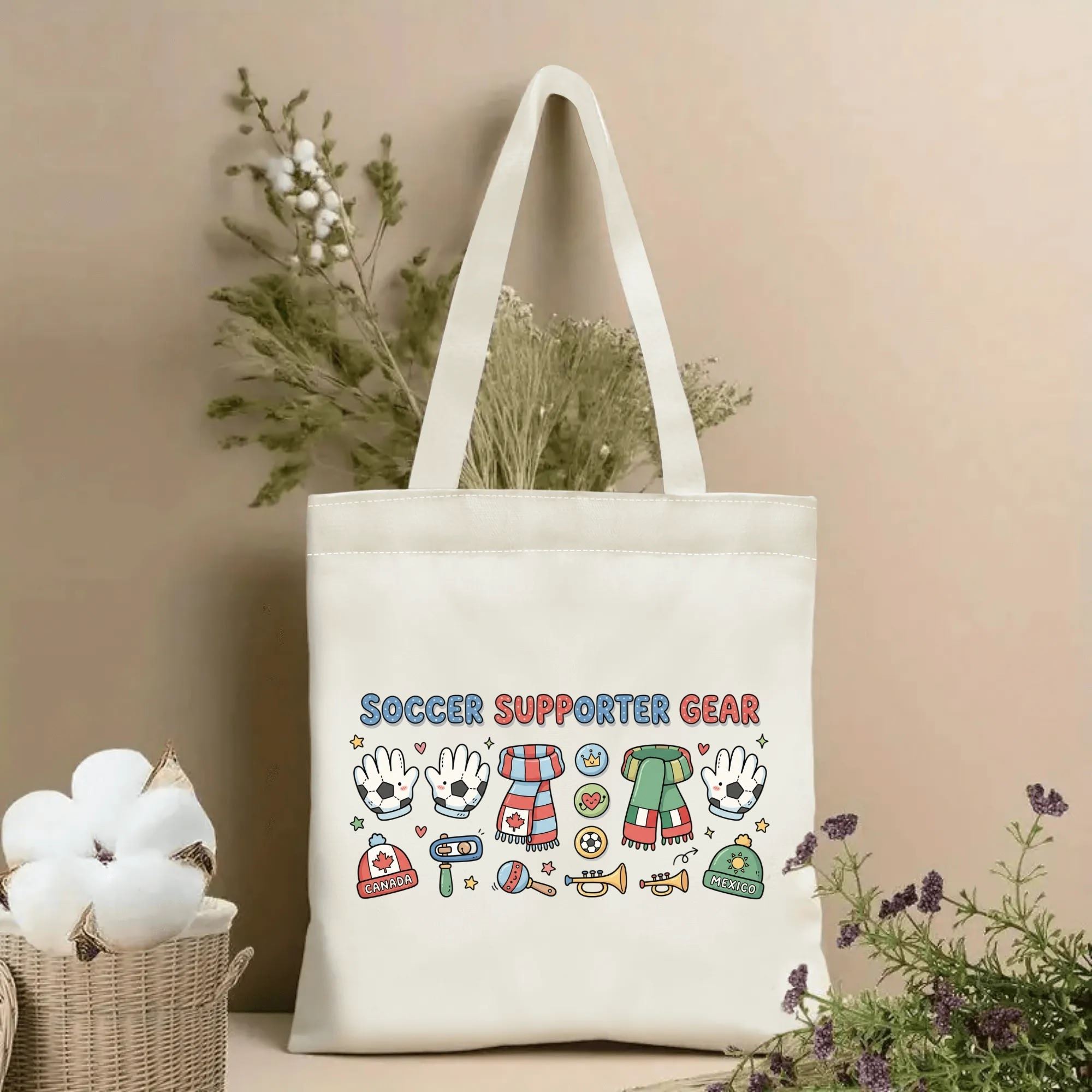2026 World Cup cute doodle soccer supporter gear print polyester canvas tote bag, kawaii three host country fan accessory eco shoulder bag indoor wall styling photo