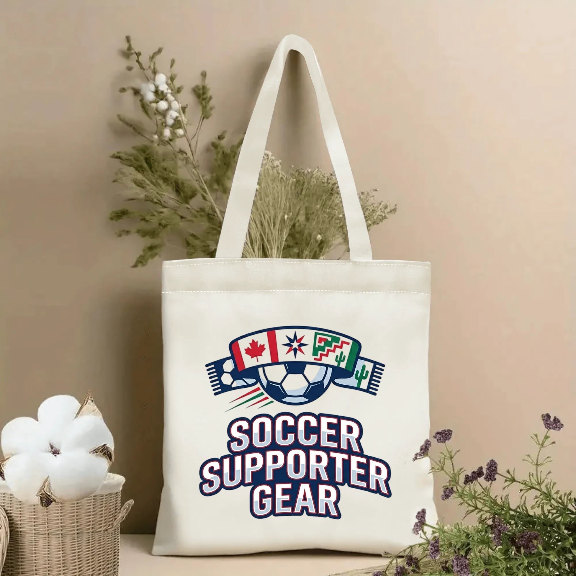 2026 World Cup soccer supporter gear scarf maple cactus soccer print canvas tote bag, three-host patriotic vintage fan eco shoulder bag indoor wall photo